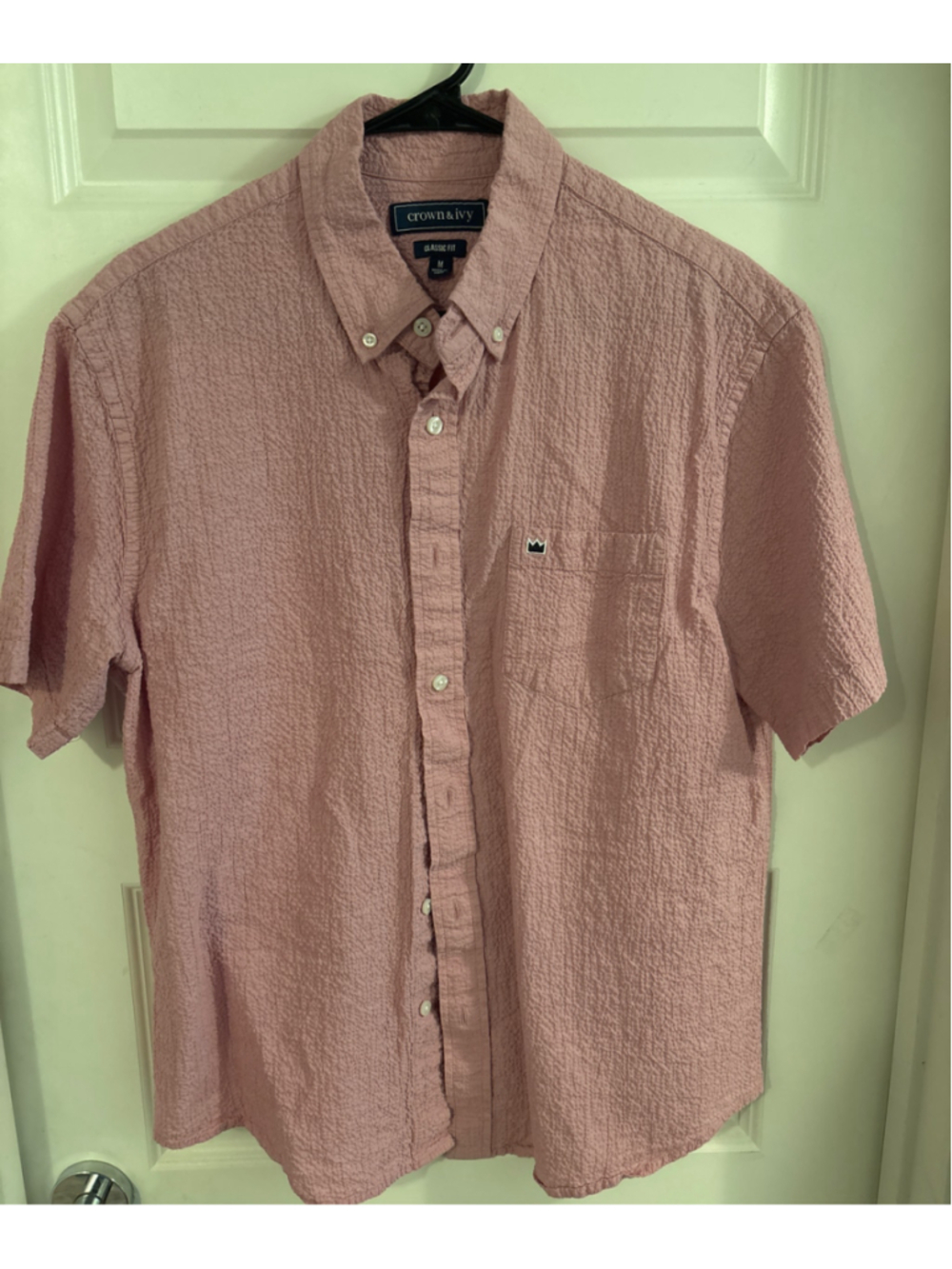 Crown & Ivy Mens Short Sleeve Button Down Shirt pink Crinkle Textured medium